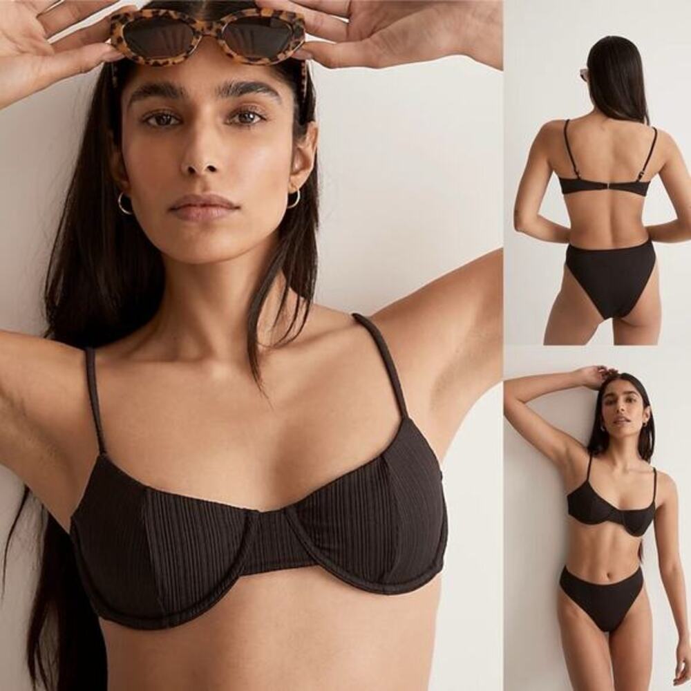 Frankies Bikinis  X Madewell Pam Plissé Bikini Top Black Ribbed‎